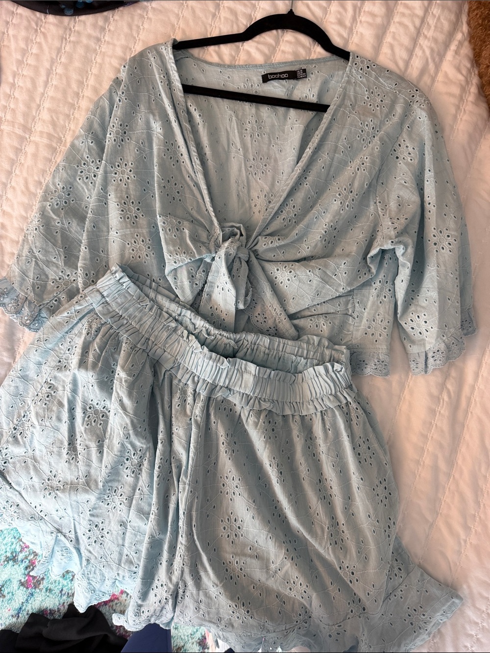 Boohoo Pale Blue Eyelet Tie-Front Crop Top